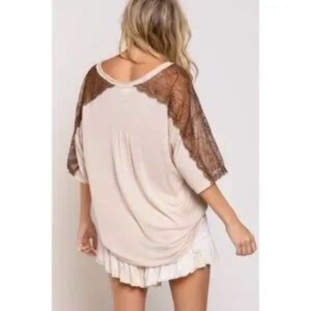 POL Beige Lace Detail Half Sleeve Oversized Tee - Picture 2 of 5